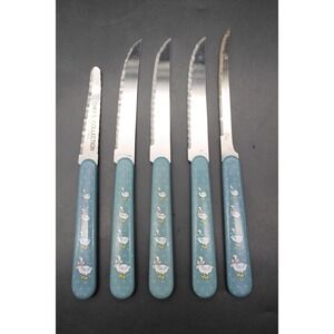 Vintage Libbey Chef's Collection 5 Pc Kitchen Knife Set Goose Blue Handles